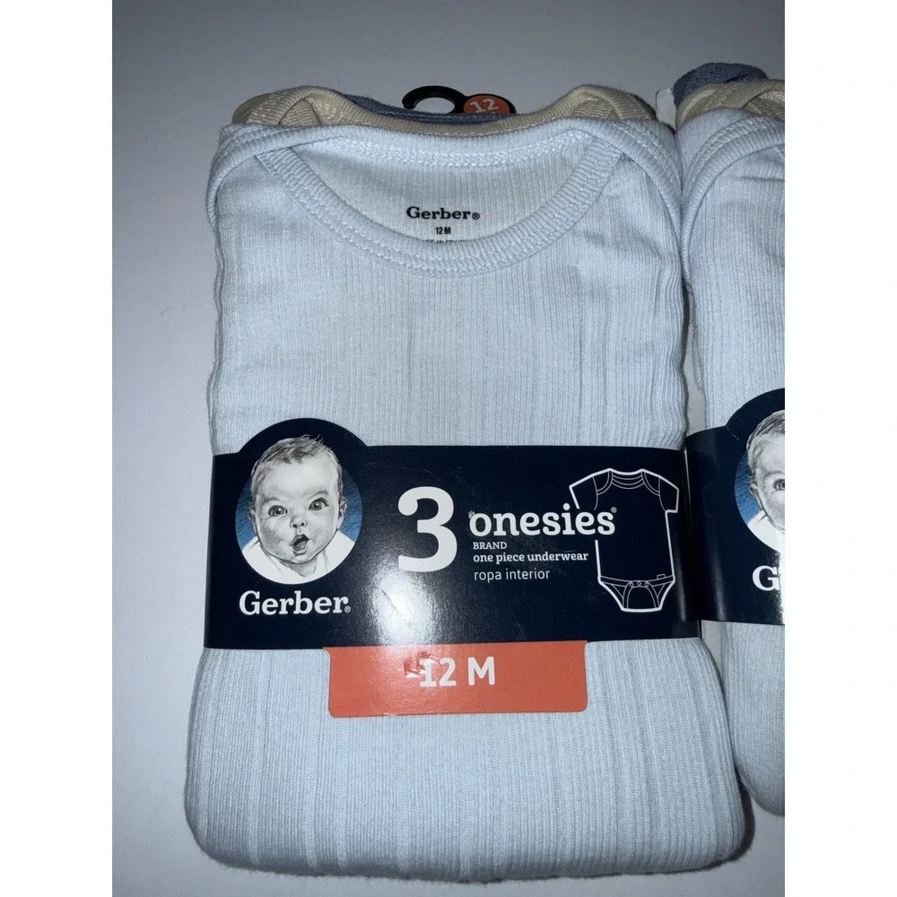 Gerber Baby 6 Onesies Ribbed Bodysuits Blue Beige 12M 18M Cotton Shower Bday NIP